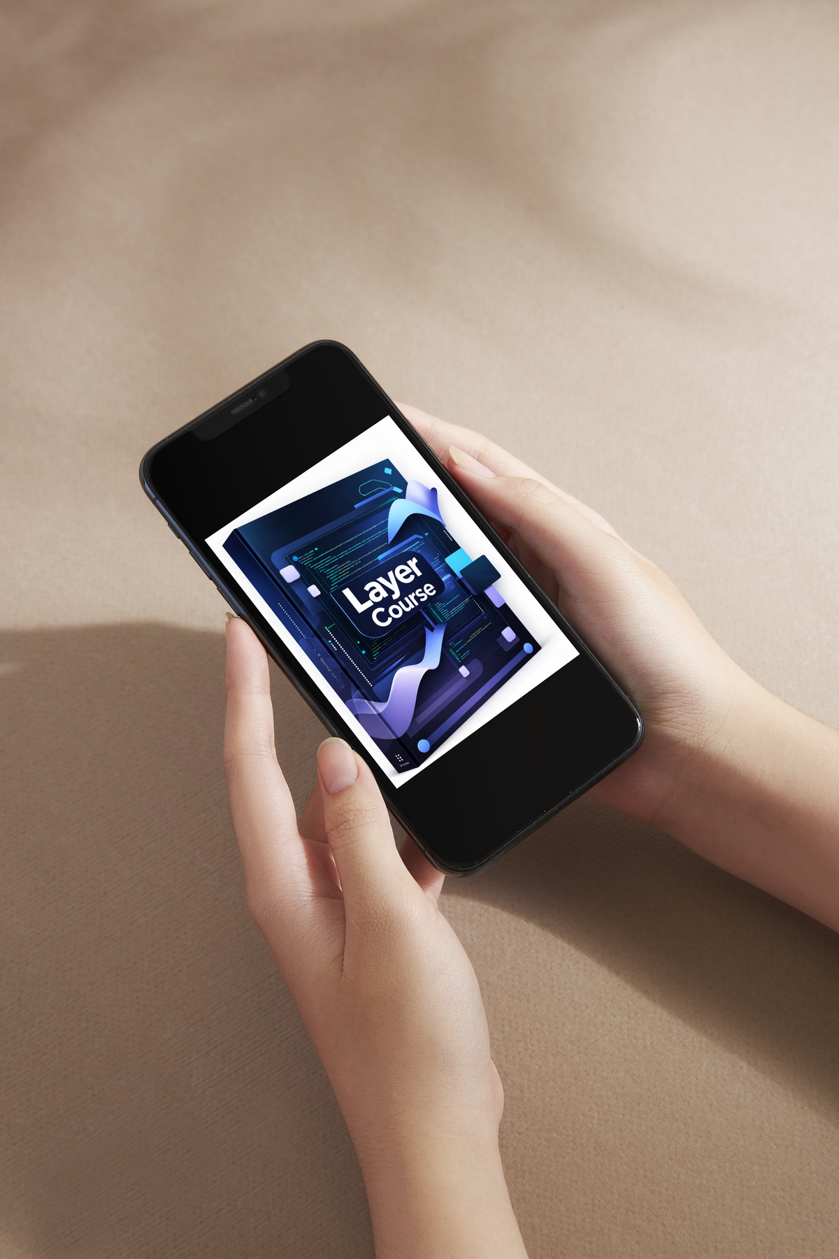 A hand holding a black smartphone against a plain light beige background. The phone screen displays a dark graphic with the tier name and abstract blue-violet geometric shapes.