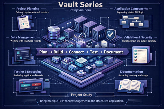 An infographic poster titled by Rexqavunibora , featuring a dark brown background with wavy patterned lines, a central comparison process diagram, and educational key skills on the bottom left.