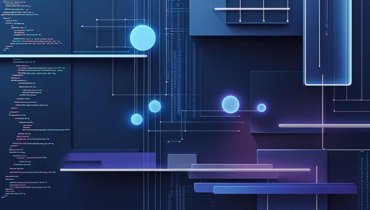 A dark digital interface mockup with multiple blue rectangular panels, glowing violet dots and lines, and vertical rows of binary digits on the right side against a dark violet background.