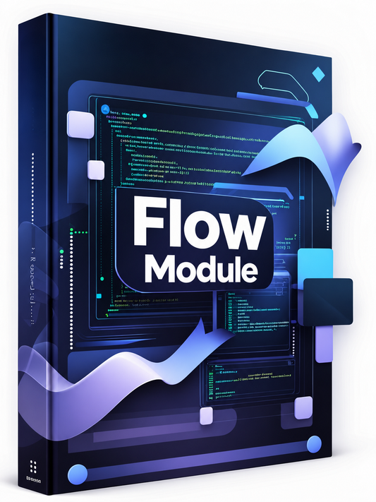A digital cover design for a 'Flow Module' featuring a dark gray central card with white text and blue-violet geometric accents, set against a dark background with glowing circuit-like lines and vertical text.