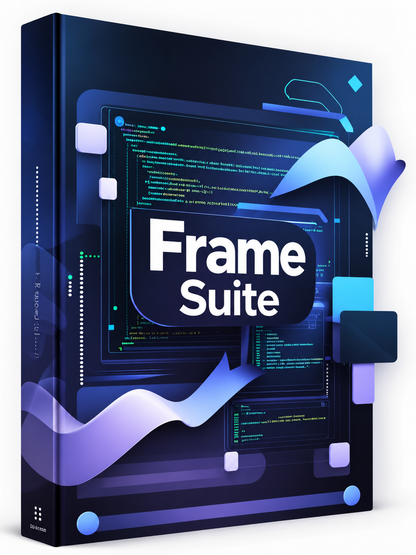 A digital cover design for a 'Frame Suite' featuring a dark gray central card with white text and blue-violet geometric accents, set against a dark background with glowing circuit-like lines and vertical text.