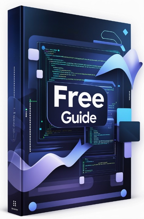 A digital cover design for a 'Free Guide' featuring a dark gray central card with white text and blue-violet geometric accents, set against a dark background with glowing circuit-like lines and vertical text.