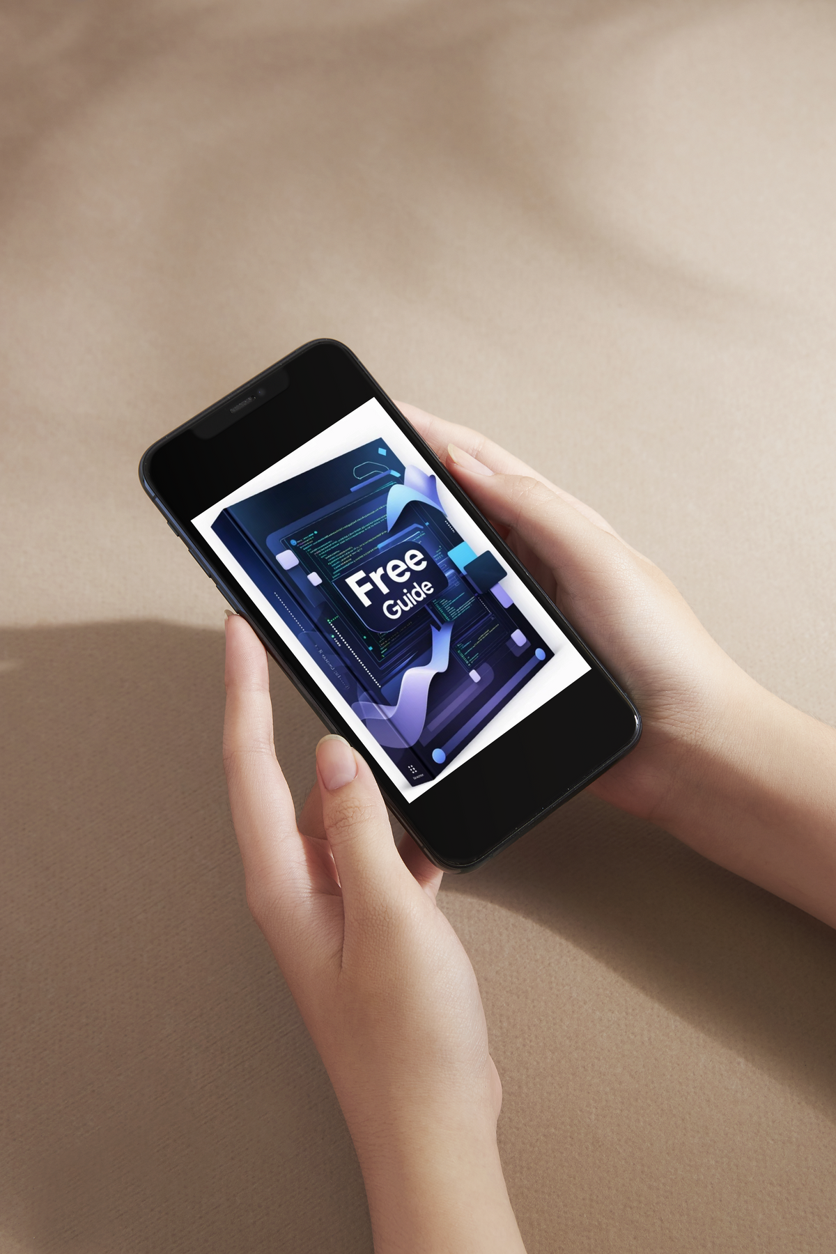 A hand holding a black smartphone against a plain light beige background. The phone screen displays a dark graphic with the tier name and abstract blue-violet geometric shapes.