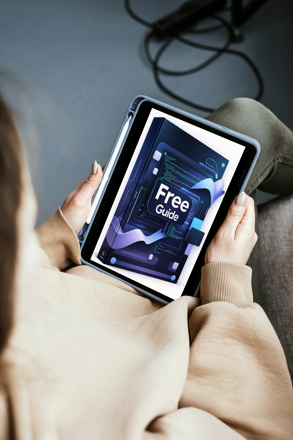 A girl holding a tablet device displaying a digital cover titled lies on a black rectangular stand against a brushed gray metal surface.