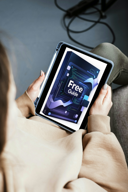A girl holding a tablet device displaying a digital cover titled lies on a black rectangular stand against a brushed gray metal surface.
