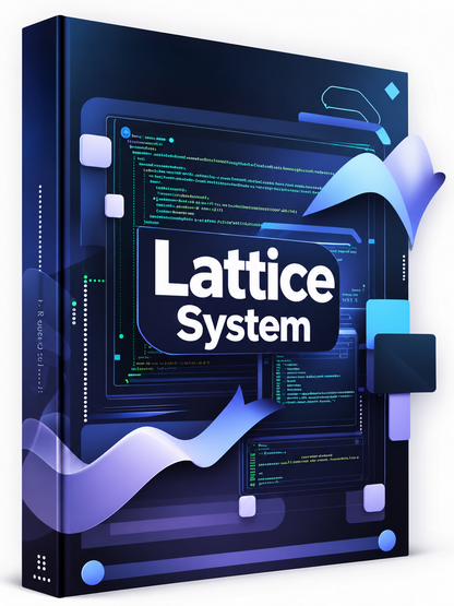 A digital cover design for a 'Lattice System' featuring a dark gray central card with white text and blue-violet geometric accents, set against a dark background with glowing circuit-like lines and vertical text.