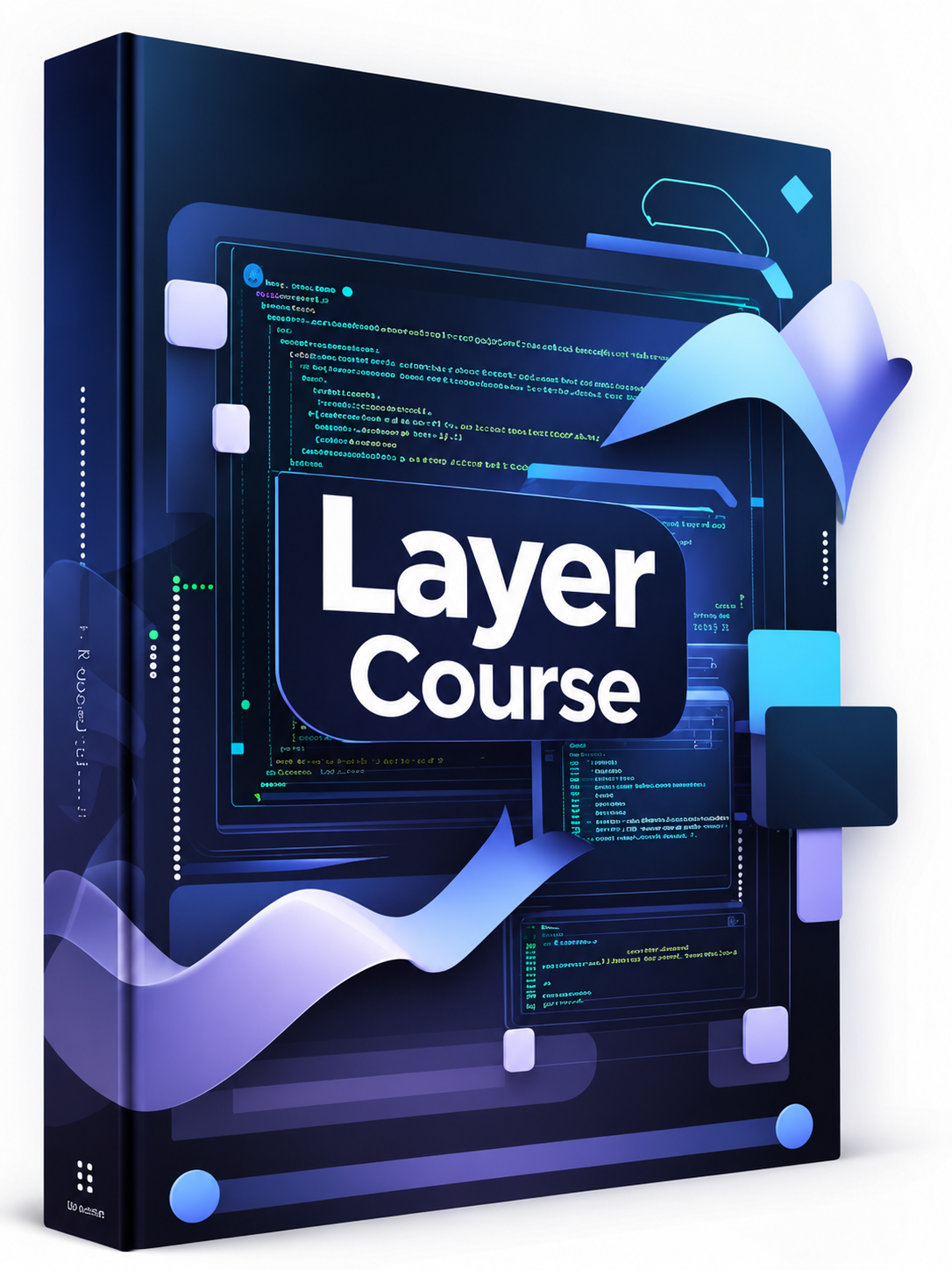 A digital cover design for a 'Layer Course' featuring a dark gray central card with white text and blue-violet geometric accents, set against a dark background with glowing circuit-like lines and vertical text.