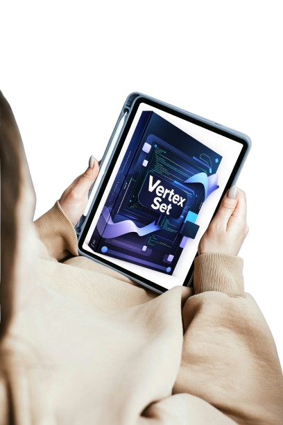 A hand holding a black smartphone against a plain light beige background. The phone screen displays a dark graphic with the tier name and abstract blue-violet geometric shapes.