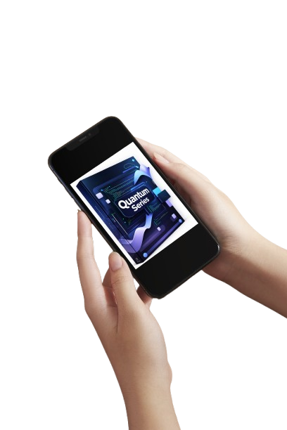 A hand holding a black smartphone against a plain light beige background. The phone screen displays a dark graphic with the tier name and abstract blue-violet geometric shapes.