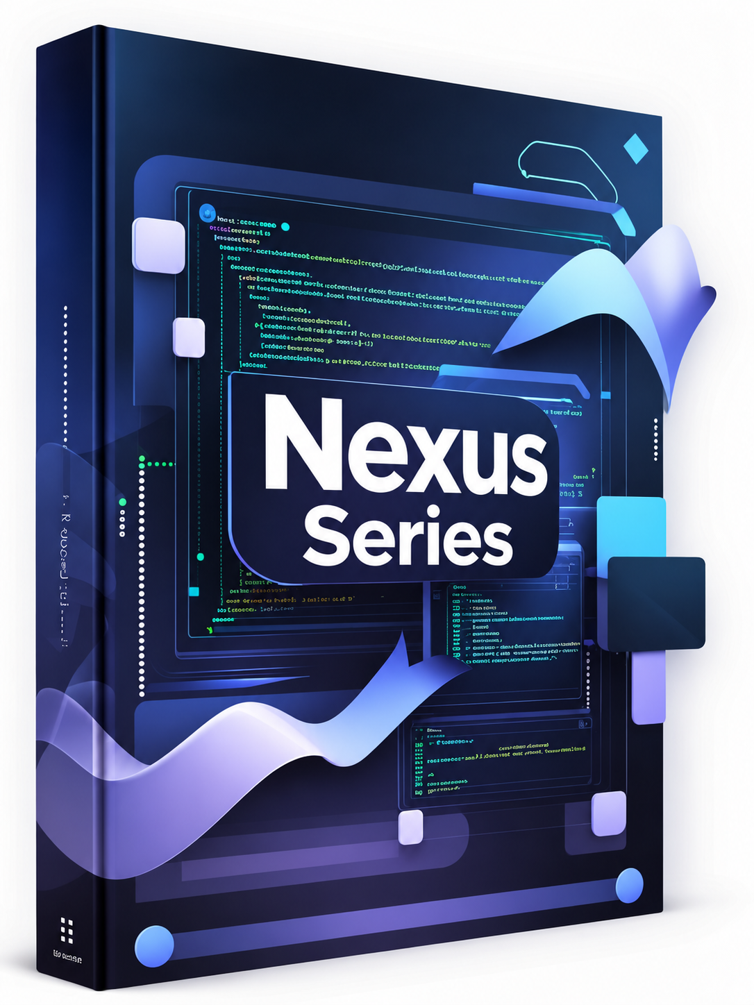 A digital cover design for a 'Nexus Series' featuring a dark gray central card with white text and blue-violet geometric accents, set against a dark background with glowing circuit-like lines and vertical text.