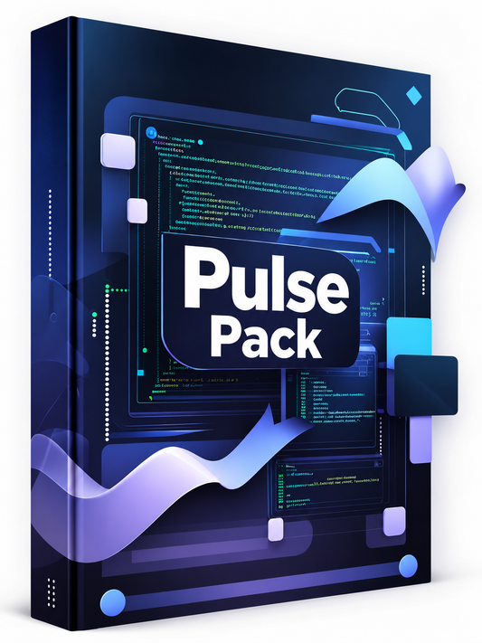 A digital cover design for a 'Pulse Pack' featuring a dark gray central card with white text and blue-violet geometric accents, set against a dark background with glowing circuit-like lines and vertical text.