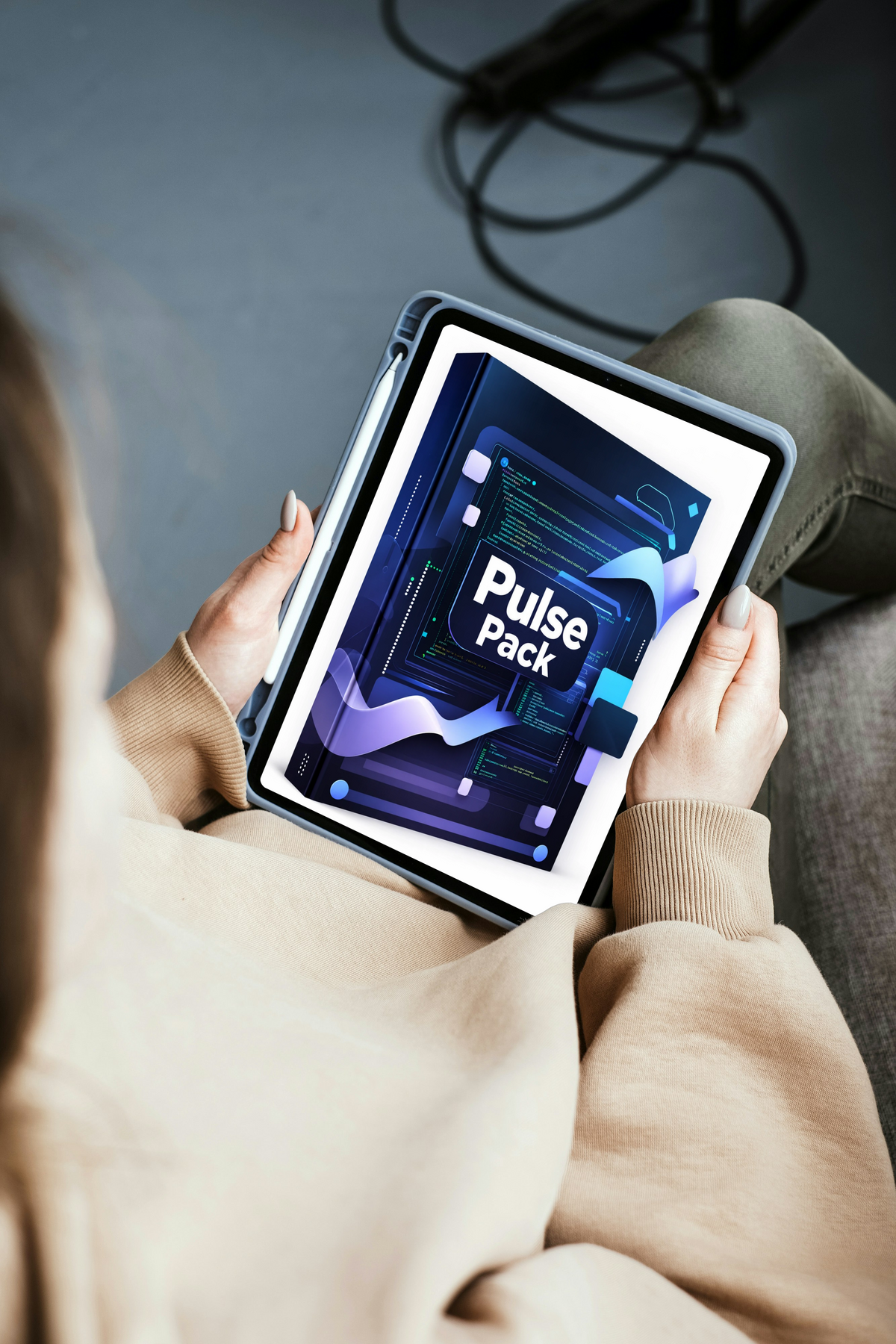 A girl holding a tablet device displaying a digital cover titled lies on a black rectangular stand against a brushed gray metal surface.