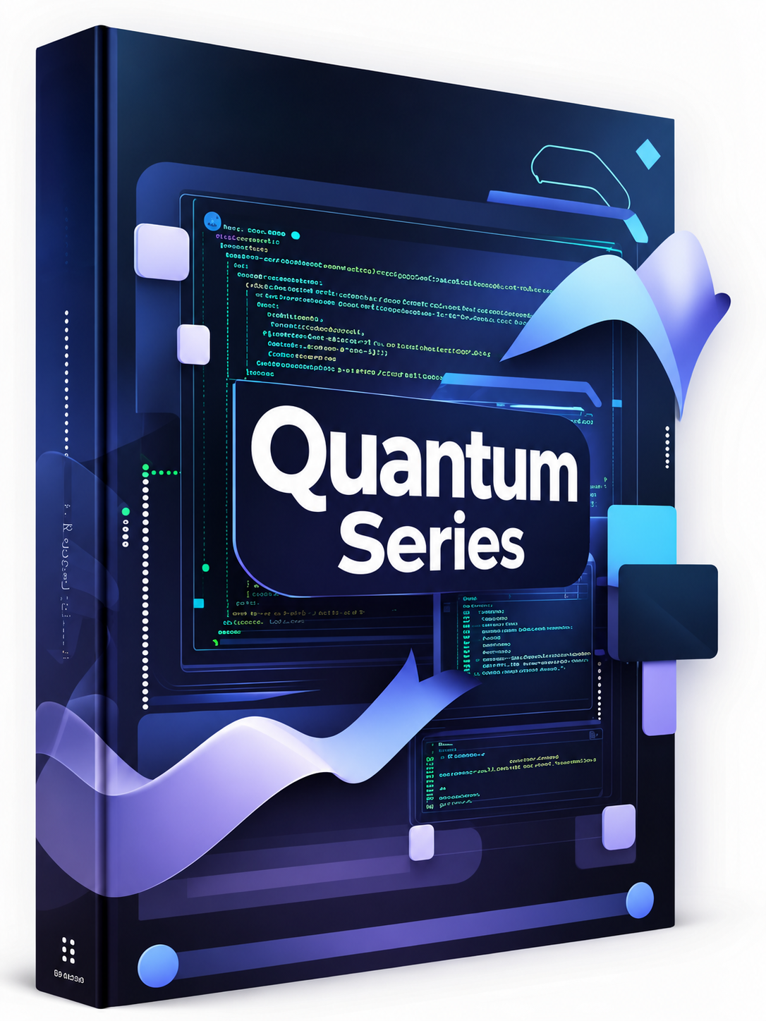 A digital cover design for a 'Quantum Series' featuring a dark gray central card with white text and blue-violet geometric accents, set against a dark background with glowing circuit-like lines and vertical text.