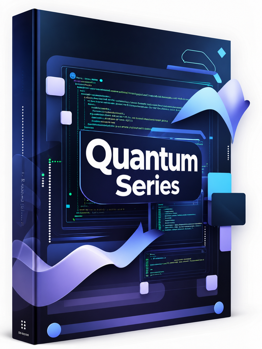 A digital cover design for a 'Quantum Series' featuring a dark gray central card with white text and blue-violet geometric accents, set against a dark background with glowing circuit-like lines and vertical text.