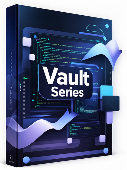 A digital cover design for a 'Vault Series featuring a dark gray central card with white text and blue-violet geometric accents, set against a dark background with glowing circuit-like lines and vertical text.