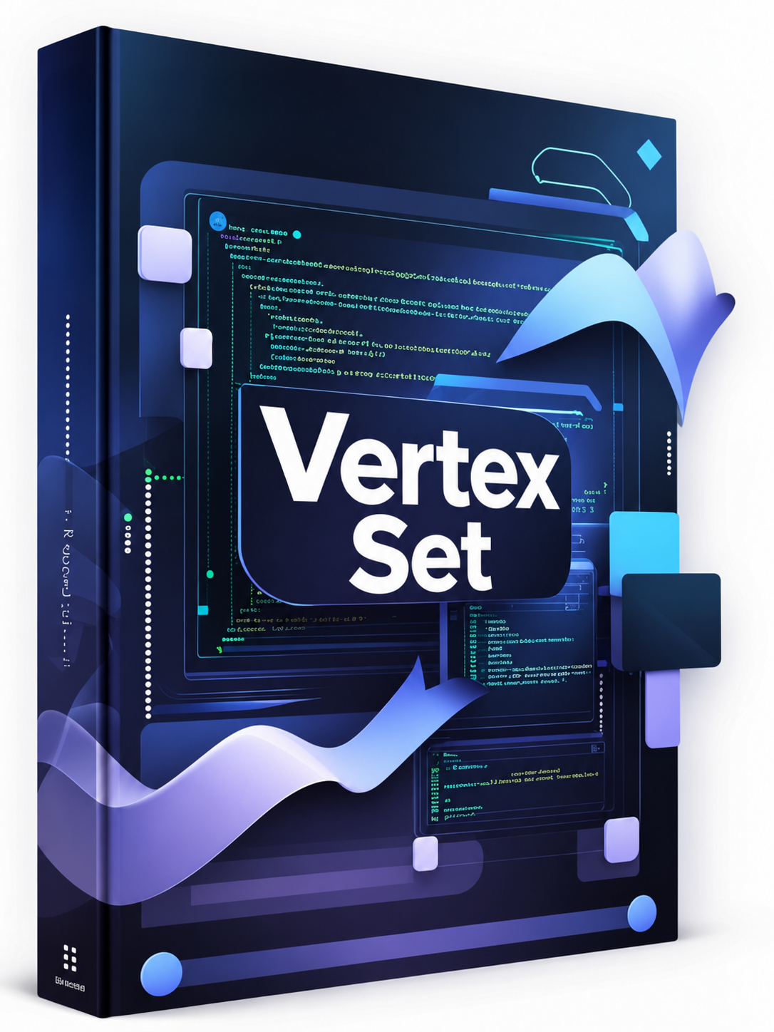 A digital cover design for a 'Vertex Set' featuring a dark gray central card with white text and blue-violet geometric accents, set against a dark background with glowing circuit-like lines and vertical text.
