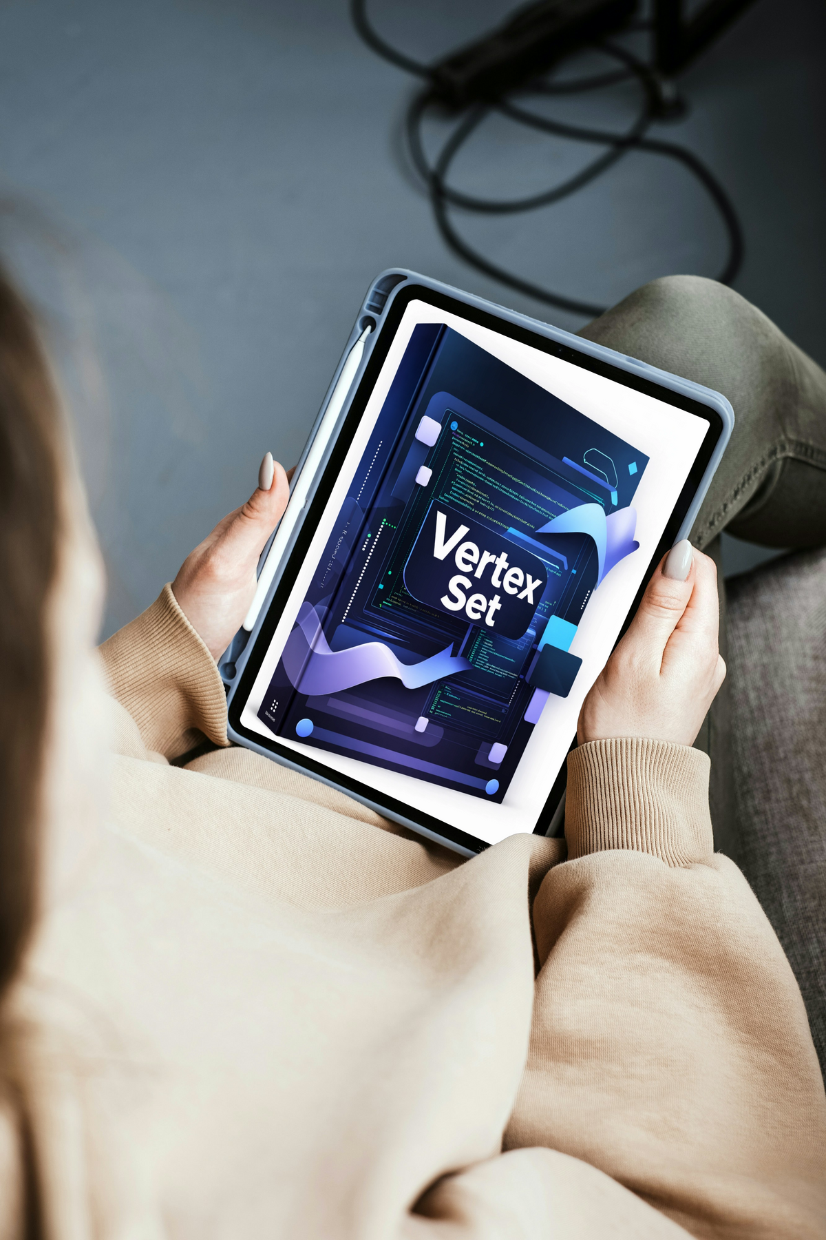 A girl holding a tablet device displaying a digital cover titled lies on a black rectangular stand against a brushed gray metal surface.